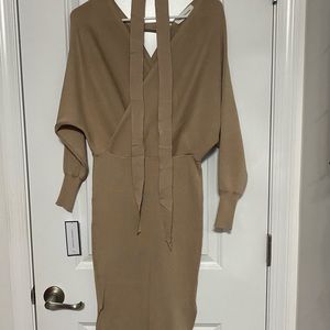 Goodnight Macaroon Tan Fitted Dolman Sleeved Belted Sweater Dress Sz Small